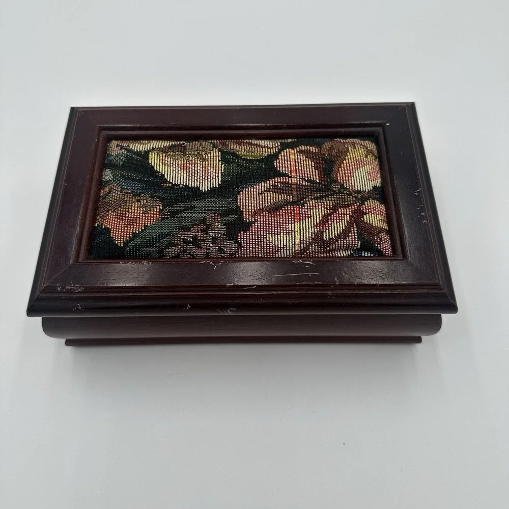 Vintage Hand Made Wood Jewelry Box, Floral Canvas With Mirror Excellent